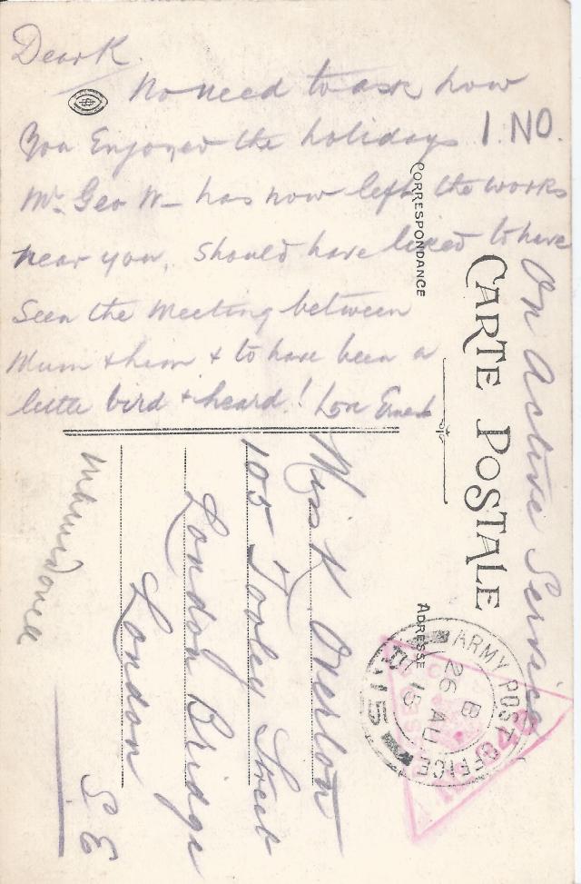 Miss K OVERTON postcard August 1915 reverse 1