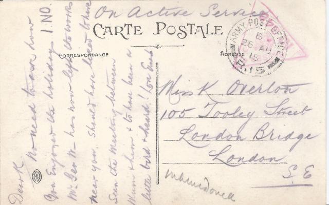Miss K OVERTON postcard August 1915 reverse