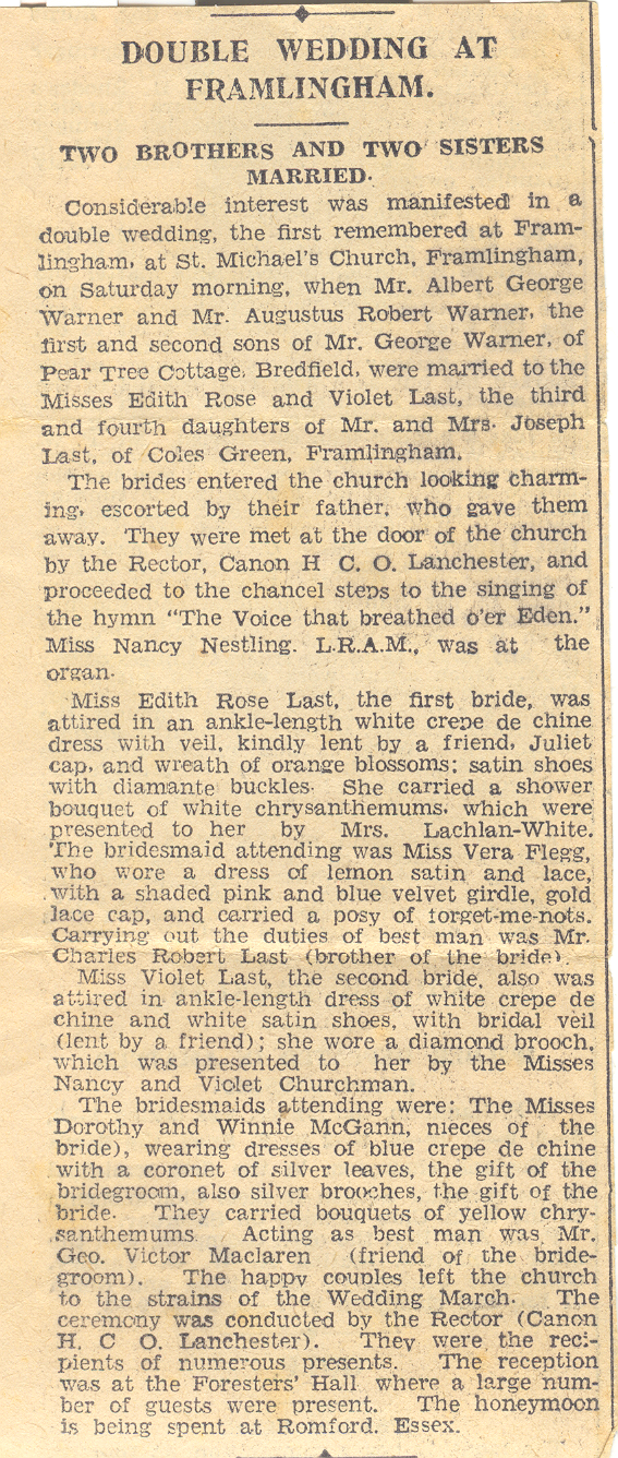 Newspaper Report of Double Wedding Framlingham